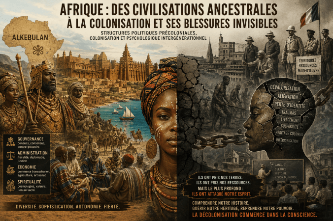 structures politiques précoloniales africaines, impact psychologique de la colonisation, royaumes et empires africains, sociétés lignagères, Alkebulan, décolonisation mentale, traumatisme colonial intergénérationnel, histoire précoloniale de l'Afrique, spiritualité africaine précoloniale, chefferies et royaumes d'Afrique.